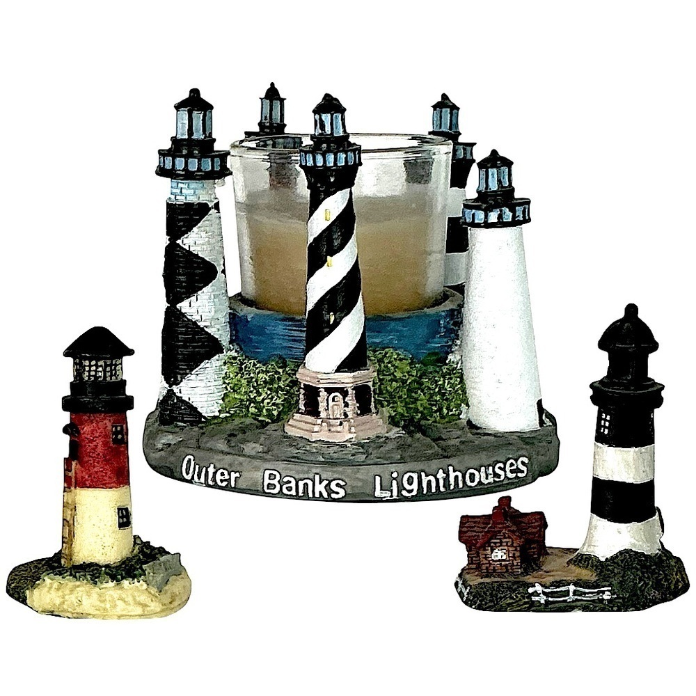 Lighthouse Candle Holder Figurines Outer Banks Nautical Collectible Vintage 3 PC
